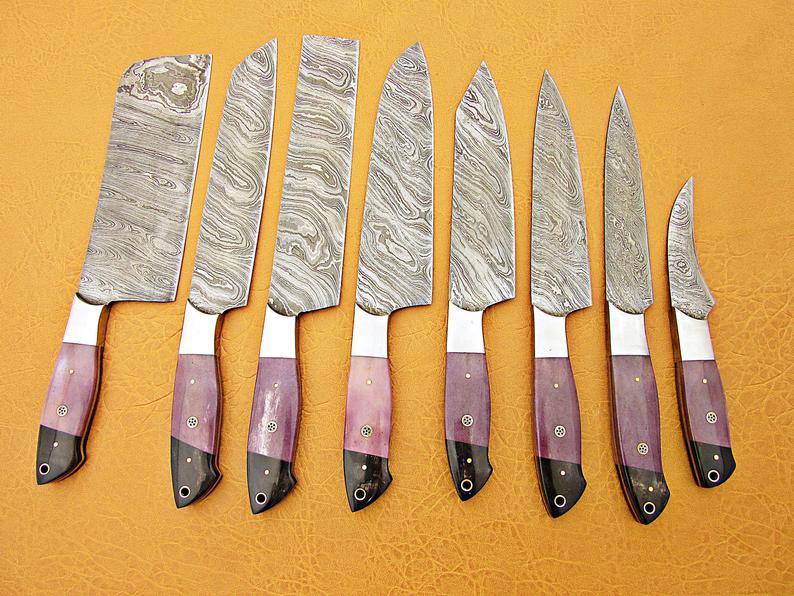 HS-214  Custom Handmade Damascus Kitchen-Chef Knives Set Lot Of 8 Pecs With Bone Handle