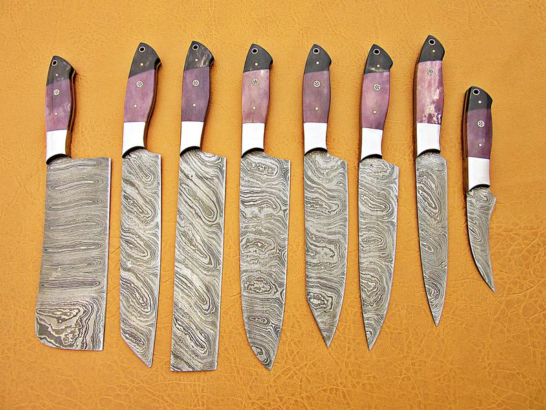 HS-214  Custom Handmade Damascus Kitchen-Chef Knives Set Lot Of 8 Pecs With Bone Handle