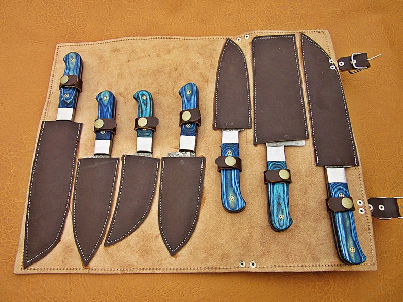 HS-213 | Custom Handmade Damascus Kitchen-Chef Knives Set Lot Of 8 Pecs With Blue Handle