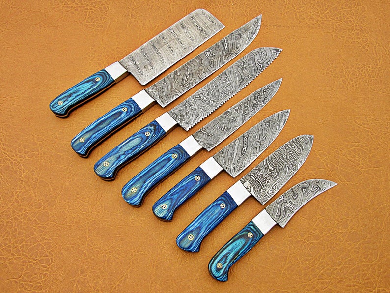 HS-213 | Custom Handmade Damascus Kitchen-Chef Knives Set Lot Of 8 Pecs With Blue Handle