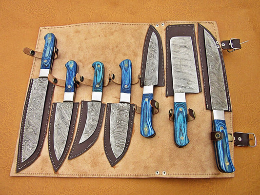HS-213 | Custom Handmade Damascus Kitchen-Chef Knives Set Lot Of 8 Pecs With Blue Handle