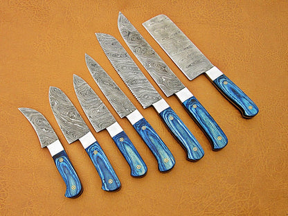 HS-213 | Custom Handmade Damascus Kitchen-Chef Knives Set Lot Of 8 Pecs With Blue Handle