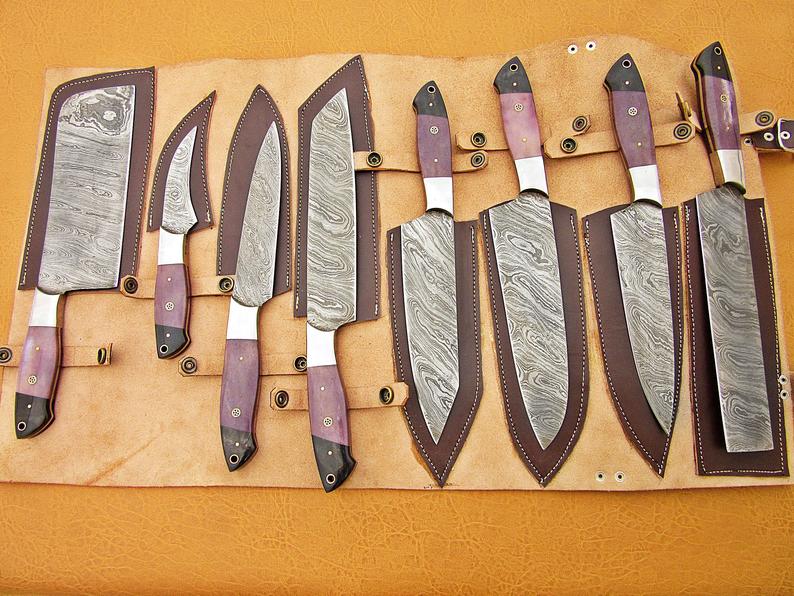 HS-214  Custom Handmade Damascus Kitchen-Chef Knives Set Lot Of 8 Pecs With Bone Handle