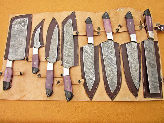 HS-214  Custom Handmade Damascus Kitchen-Chef Knives Set Lot Of 8 Pecs With Bone Handle