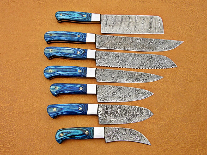 HS-213 | Custom Handmade Damascus Kitchen-Chef Knives Set Lot Of 8 Pecs With Blue Handle