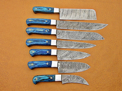 HS-213 | Custom Handmade Damascus Kitchen-Chef Knives Set Lot Of 8 Pecs With Blue Handle