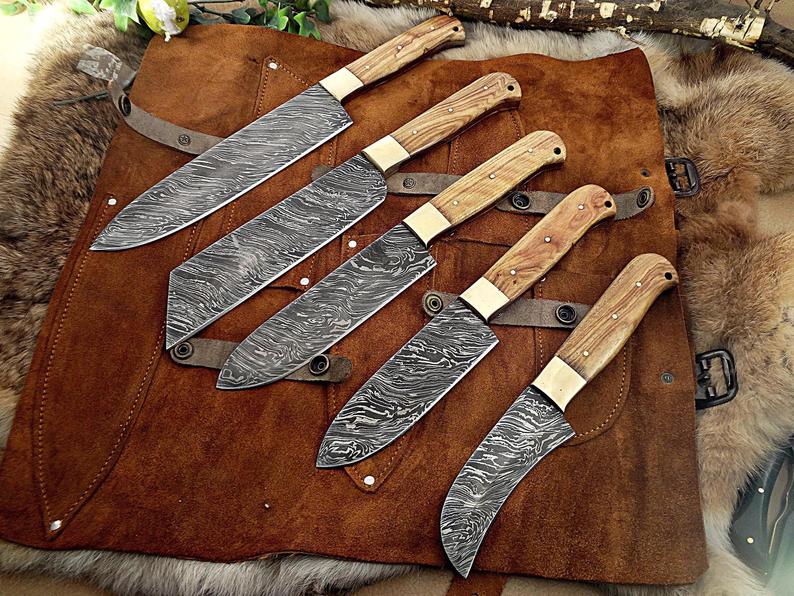 HS-222 Custom Handmade Damascus Kitchen-Chef Knives Set Lot Of 5 Pecs With Wood Handle