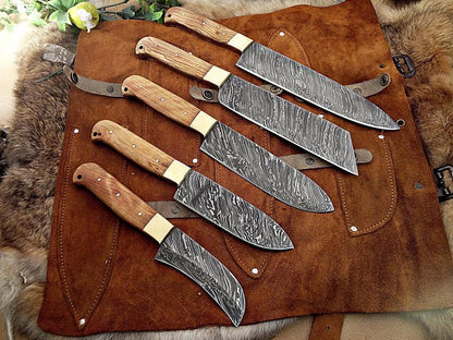 HS-222 Custom Handmade Damascus Kitchen-Chef Knives Set Lot Of 5 Pecs With Wood Handle
