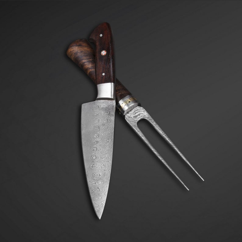 HS-215 Custom Handmade Damascus Kitchen-Chef Knives + Fork Set Lot Of Two Pecs With Wood Handle