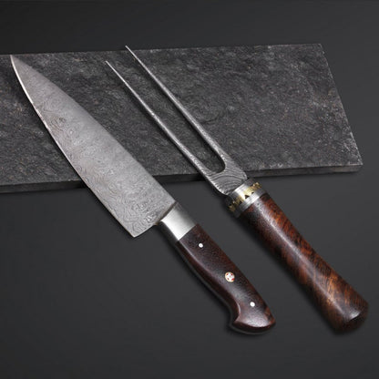 HS-215 Custom Handmade Damascus Kitchen-Chef Knives + Fork Set Lot Of Two Pecs With Wood Handle