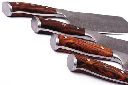 HS-219 Custom Handmade Damascus Kitchen-Chef Knives Set Lot Of 4 Pecs With Rose Wood Handle