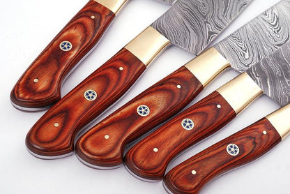 HS-220 Cutlery | Custom Handmade Damascus Kitchen-Chef Knives Set Lot Of 5 Pecs With Rose Wood Handle