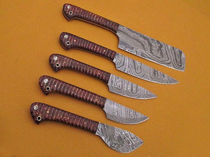 HS-221 Custom Handmade Damascus Kitchen-Chef Knives Set Lot Of 5 Pecs With Wood Handle