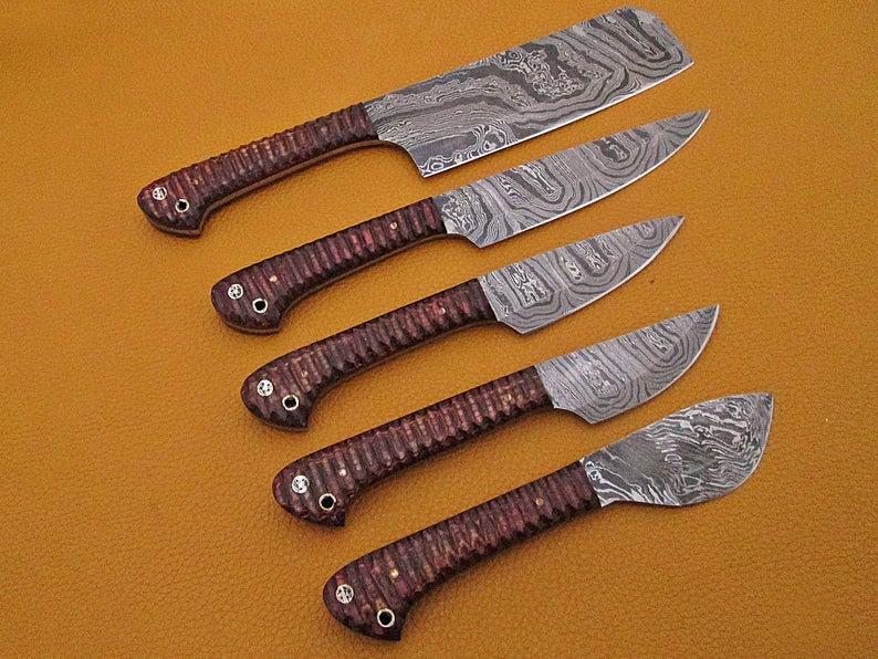 HS-221 Custom Handmade Damascus Kitchen-Chef Knives Set Lot Of 5 Pecs With Wood Handle