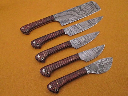 HS-221 Custom Handmade Damascus Kitchen-Chef Knives Set Lot Of 5 Pecs With Wood Handle