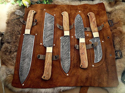 HS-222 Custom Handmade Damascus Kitchen-Chef Knives Set Lot Of 5 Pecs With Wood Handle