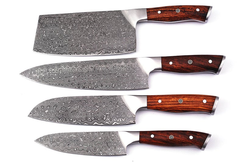 HS-219 Custom Handmade Damascus Kitchen-Chef Knives Set Lot Of 4 Pecs With Rose Wood Handle