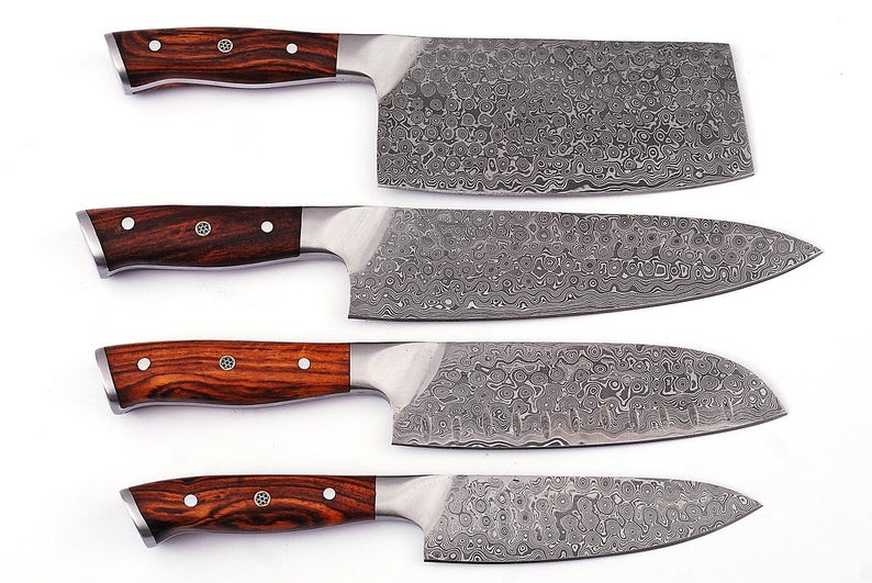 HS-219 Custom Handmade Damascus Kitchen-Chef Knives Set Lot Of 4 Pecs With Rose Wood Handle