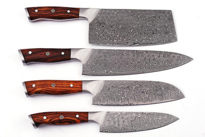 HS-219 Custom Handmade Damascus Kitchen-Chef Knives Set Lot Of 4 Pecs With Rose Wood Handle