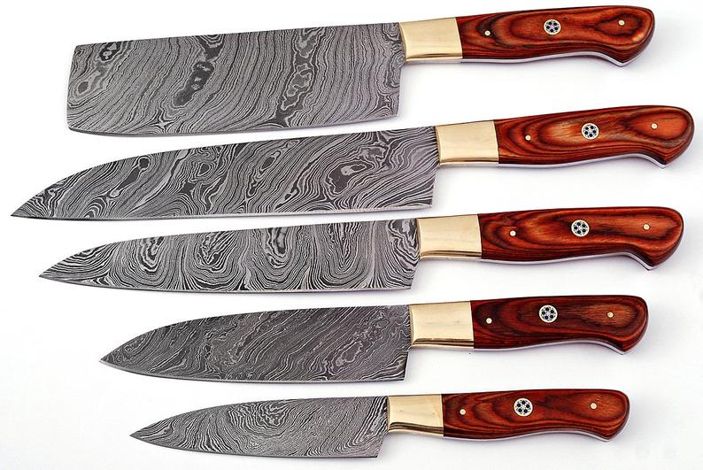 HS-220 Cutlery | Custom Handmade Damascus Kitchen-Chef Knives Set Lot Of 5 Pecs With Rose Wood Handle