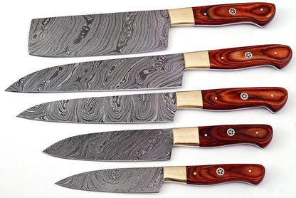 HS-220 Cutlery | Custom Handmade Damascus Kitchen-Chef Knives Set Lot Of 5 Pecs With Rose Wood Handle
