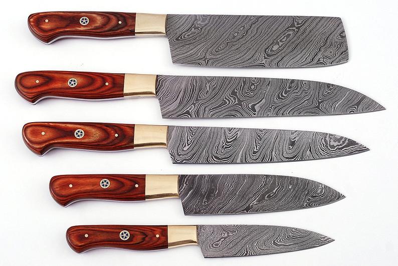 HS-220 Cutlery | Custom Handmade Damascus Kitchen-Chef Knives Set Lot Of 5 Pecs With Rose Wood Handle