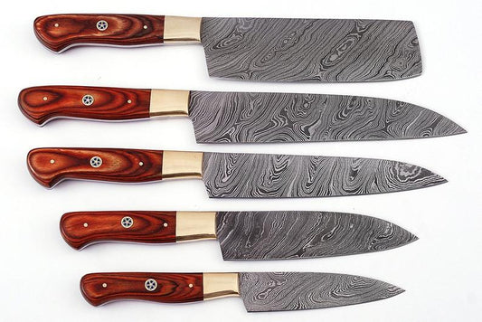 HS-220 Cutlery | Custom Handmade Damascus Kitchen-Chef Knives Set Lot Of 5 Pecs With Rose Wood Handle