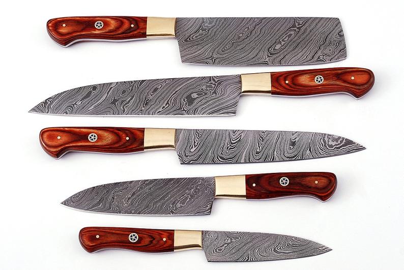 HS-220 Cutlery | Custom Handmade Damascus Kitchen-Chef Knives Set Lot Of 5 Pecs With Rose Wood Handle