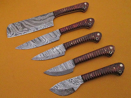HS-221 Custom Handmade Damascus Kitchen-Chef Knives Set Lot Of 5 Pecs With Wood Handle