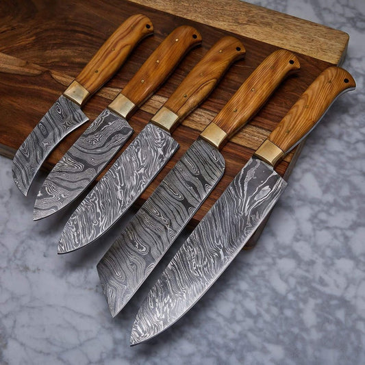 HS-218 Custom Handmade Damascus Kitchen-Chef Knives Set Lot Of Five Pecs With Wood Handle