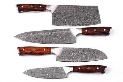 HS-219 Custom Handmade Damascus Kitchen-Chef Knives Set Lot Of 4 Pecs With Rose Wood Handle