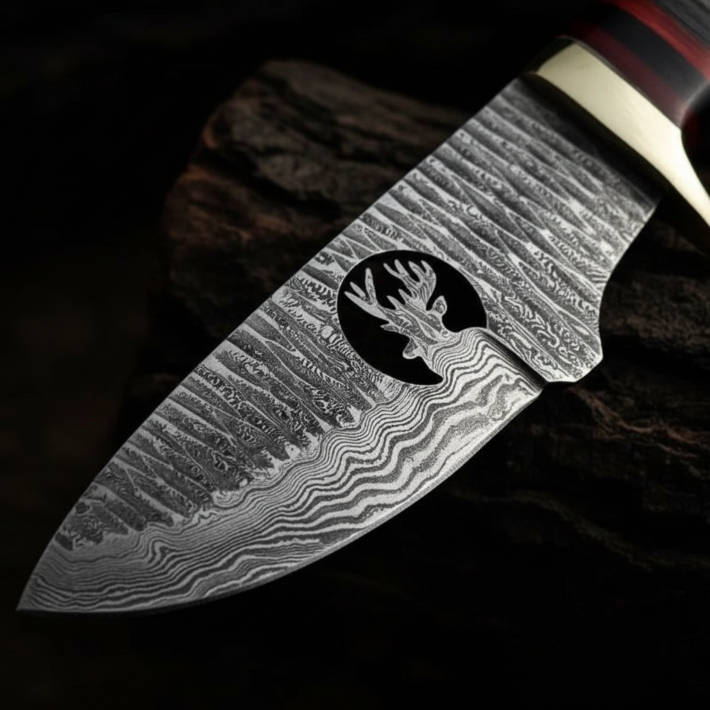 Damascus blade macro showing wave pattern and deer head engraving