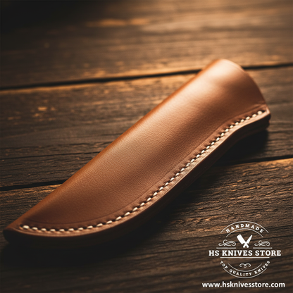 Close-up of tan leather knife sheath with white stitching edges for D2 steel skinner hunting knife