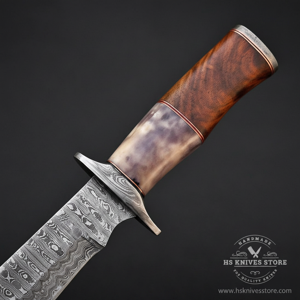 Close-up macro of two-tone handle with warm reddish-brown rosewood bottom and natural colored bone top and copper brass pommel cap and flared Damascus crossguard