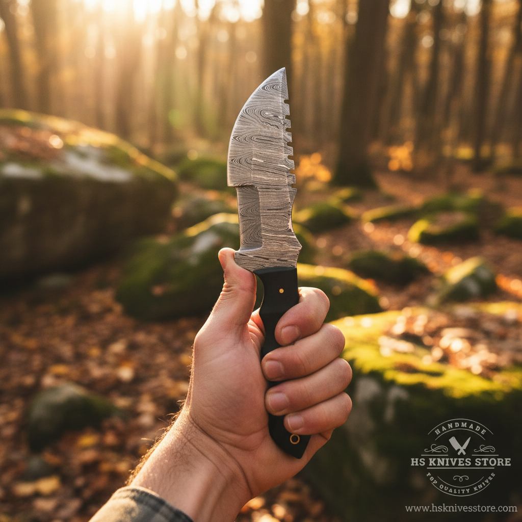 Hunter hand gripping black micarta handle Damascus steel tracker knife in confident outdoor pose forest golden sunlight