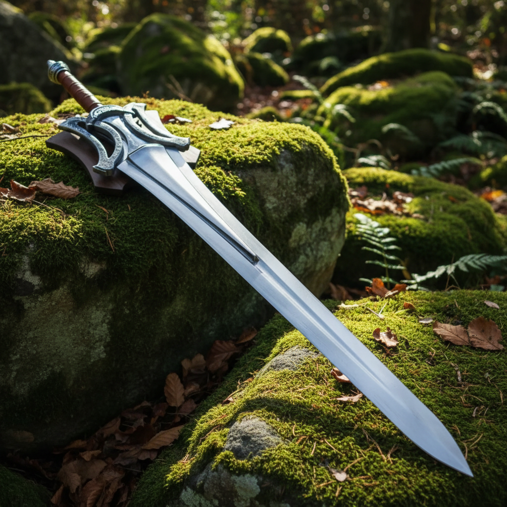 Fantasy medieval broad sword resting on mossy rocks in outdoor forest setting with dappled sunlight