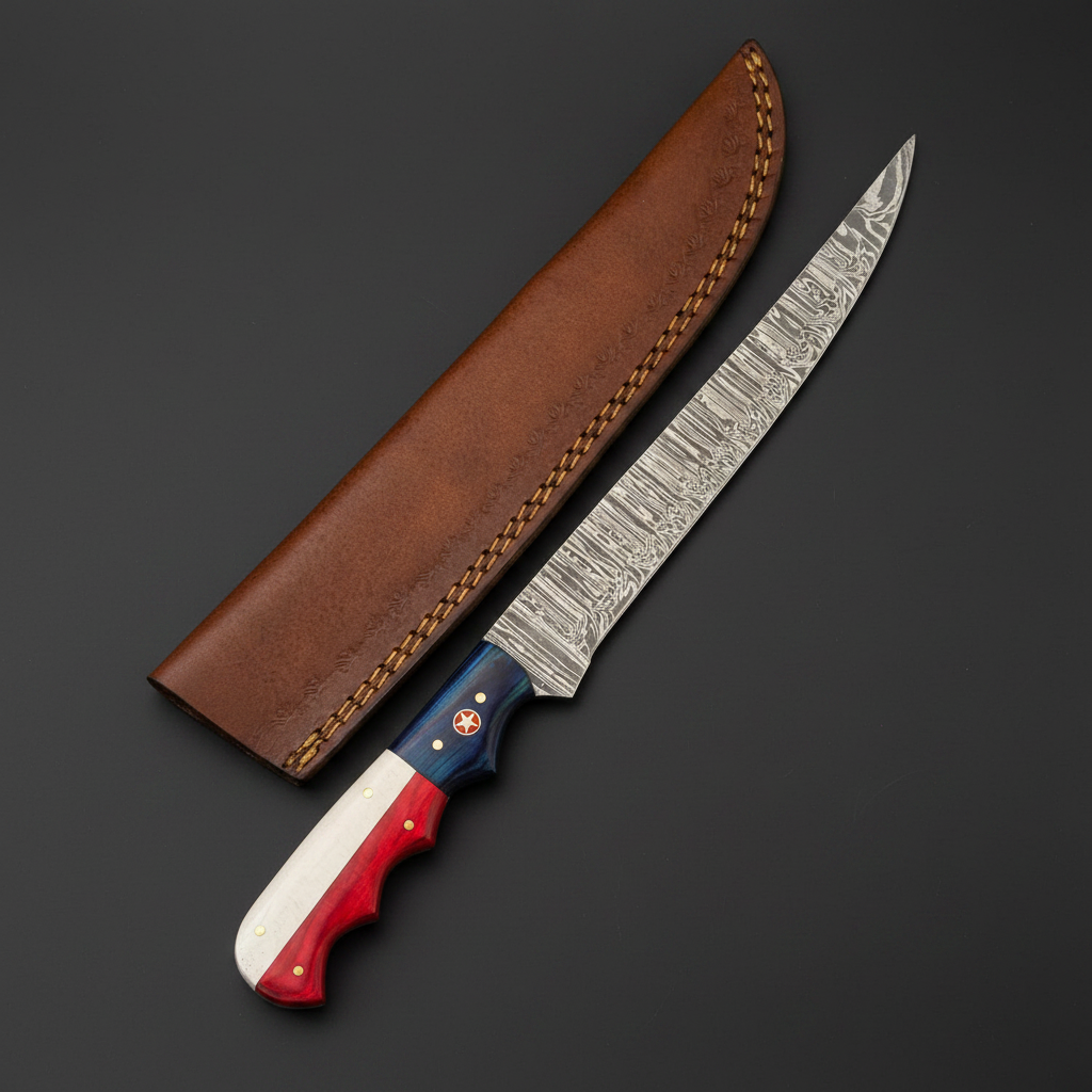 Handmade Damascus fillet knife with American flag handle and brass pins, dark charcoal studio background right facing