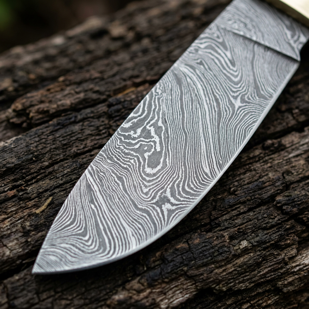Blade macro showing fine flowing Damascus patterns and curved edge