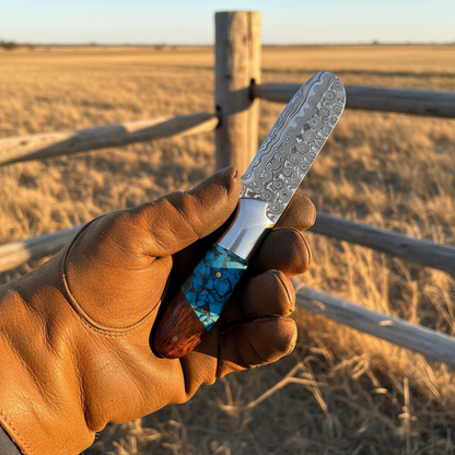 handmade-damascus-bull-cutter-knife-cowboy-lifestyle-action-ranch-golden-hour