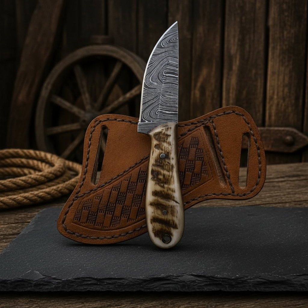 Handmade Damascus skinner knife ram horn handle vertical dark slate background luxury shot