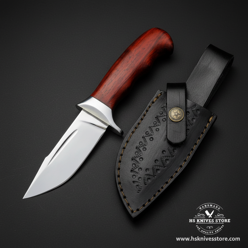 J2 steel skinner knife with rosewood handle and black leather sheath mirror view on dark charcoal background