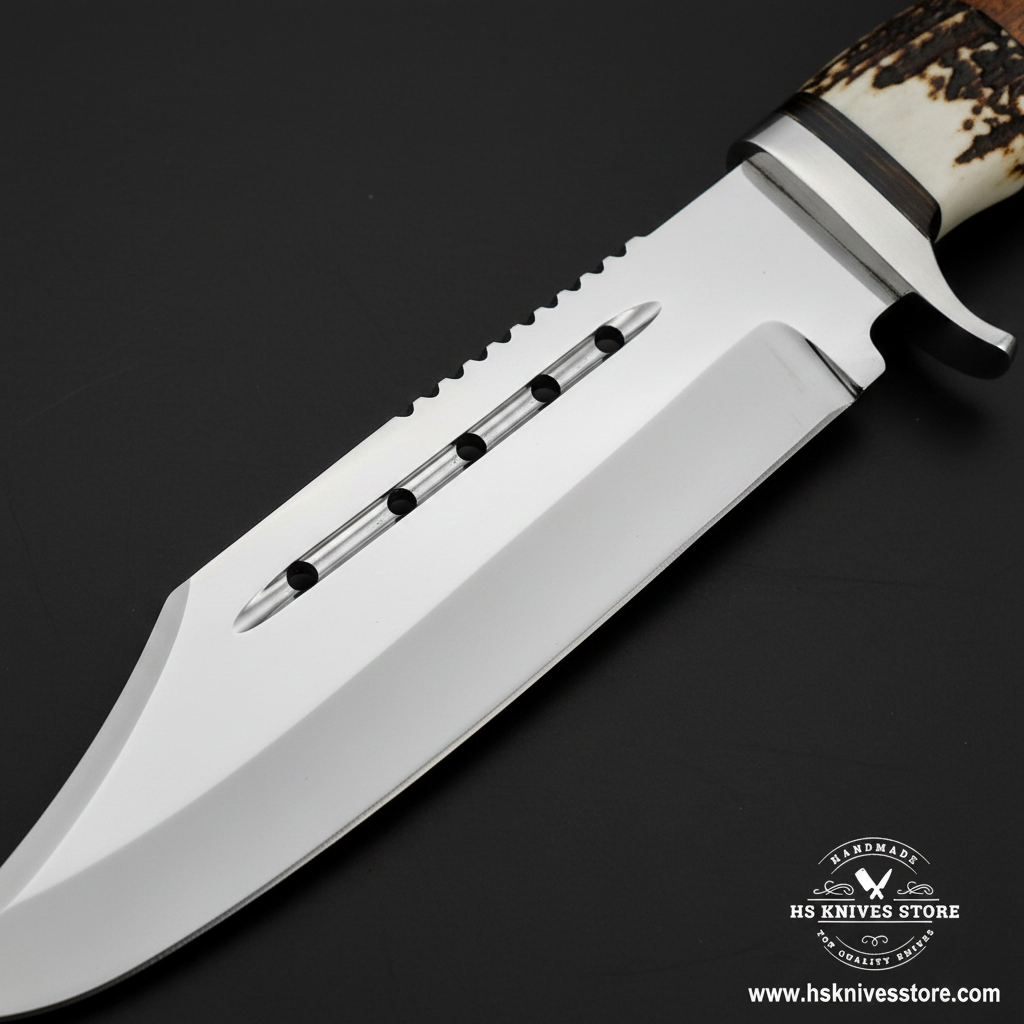 Close-up of D2 steel Bowie knife blade showing mirror polish fuller groove spine holes serrated spine and silver crossguard