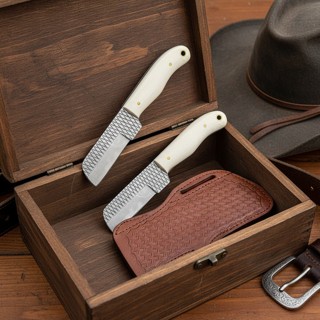 Cowboy gift presentation of the same two Rasp Tool Steel Bull Cutter Knives with bone handles and matching leather sheath