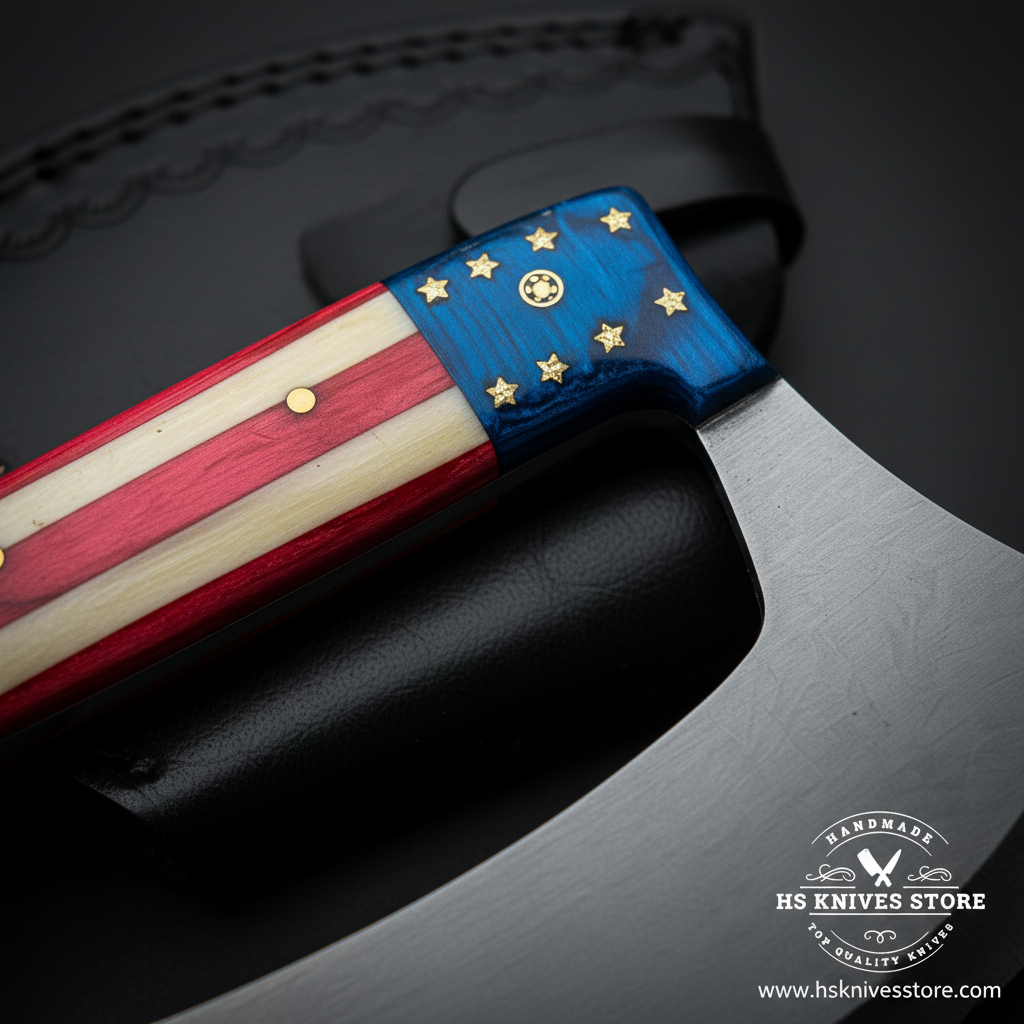 Macro close-up of American flag themed ulu knife handle showing blue resin gold stars red sides cream bone stripe and brass pin