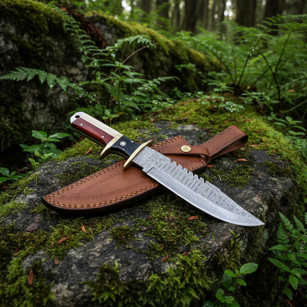 Damascus Bowie knife rosewood bone handle resting on mossy forest rocks outdoor setting