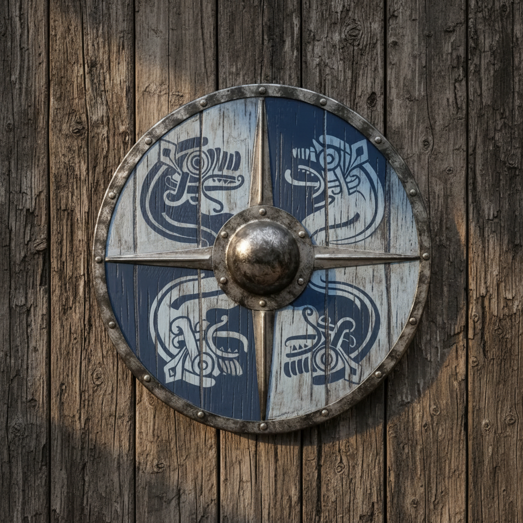 Handcrafted blue and white Viking Raven Shield mounted on a weathered Norse-inspired wooden wall