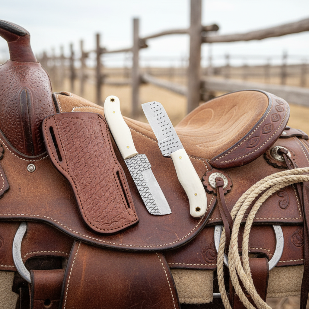 Top-down view of the same two Rasp Tool Steel Bull Cutter Knives and matching leather sheath on a cowboy saddle