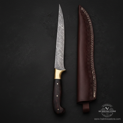 Vertical luxury shot of Damascus steel fillet knife rosewood handle on dark slate background with dark burgundy leather sheath