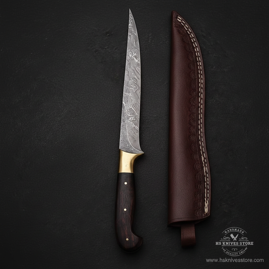 Vertical luxury shot of Damascus steel fillet knife rosewood handle on dark slate background with dark burgundy leather sheath