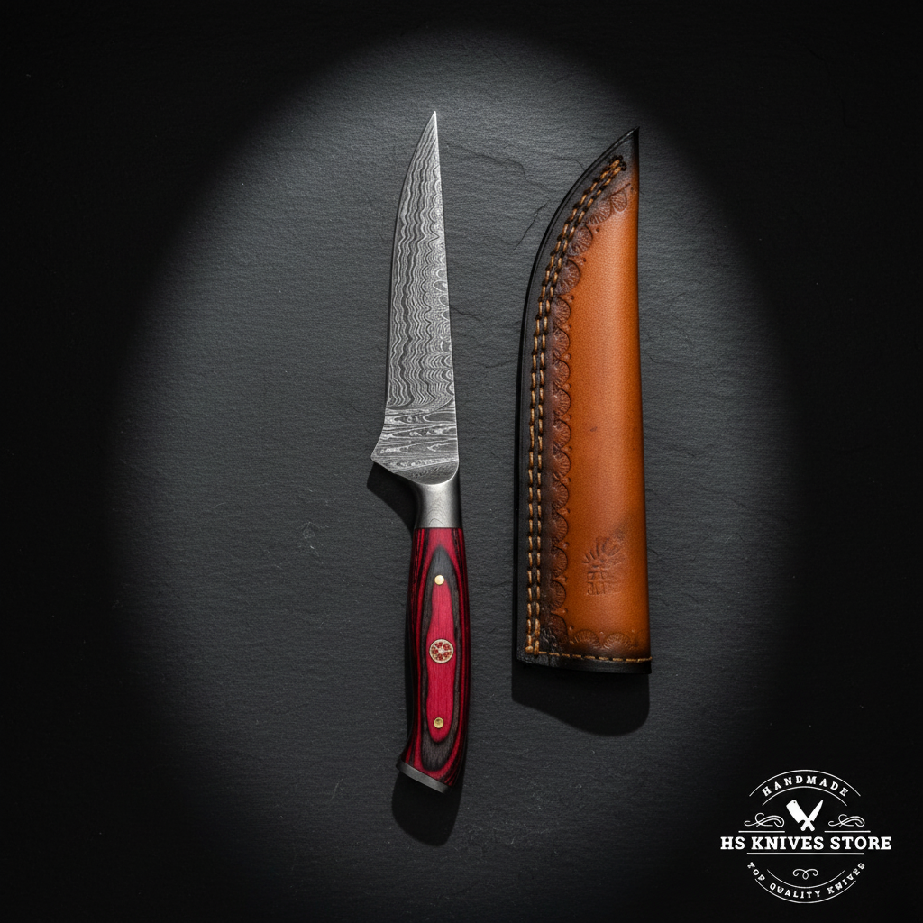 Damascus steel skinning knife displayed vertically on dark slate with red hardwood handle and two-tone leather sheath luxury shot